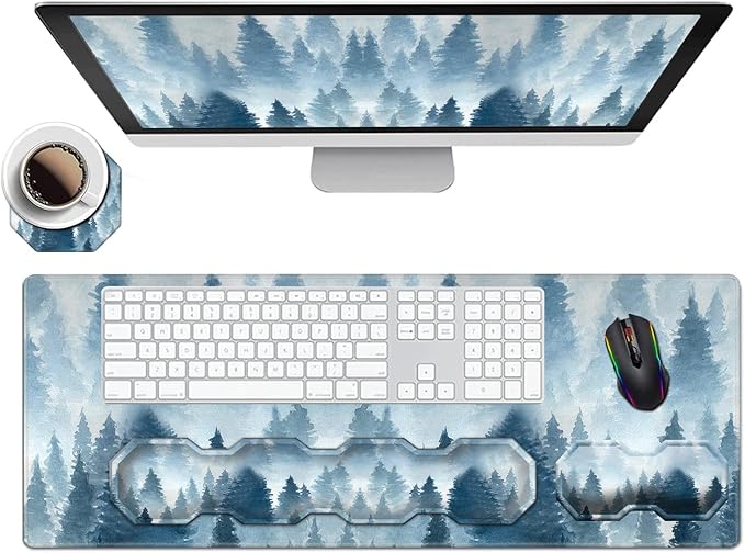 Large Gaming Mouse Pad + Keyboard Wrist Rest + Mouse Wrist Rest Support Set+ Coaster, Ergonomic Memory Foam, Multifunctional Desk Mat 4pcs for Computer, Home & Office,Forest Tree