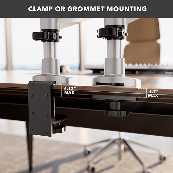 Mount-It! CLiX Dual Monitor Desk Mount Full Motion Arms, TAA-Compliant, Monitor Mounts for 2 Monitors 13-32" up to 19.8 lbs Each, VESA 75 100, C-Clamp Grommet, Premium Aluminum Dual Monitor Arm Silver