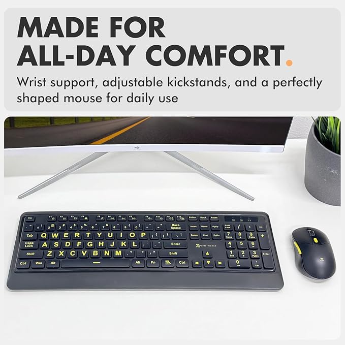 X9 Performance Large Print Wireless Keyboard and Mouse Combo - Easy to See Yellow Letters for Seniors and Low Vision Users - 2.4Ghz Wireless Mouse and Keyboard Combo for PC