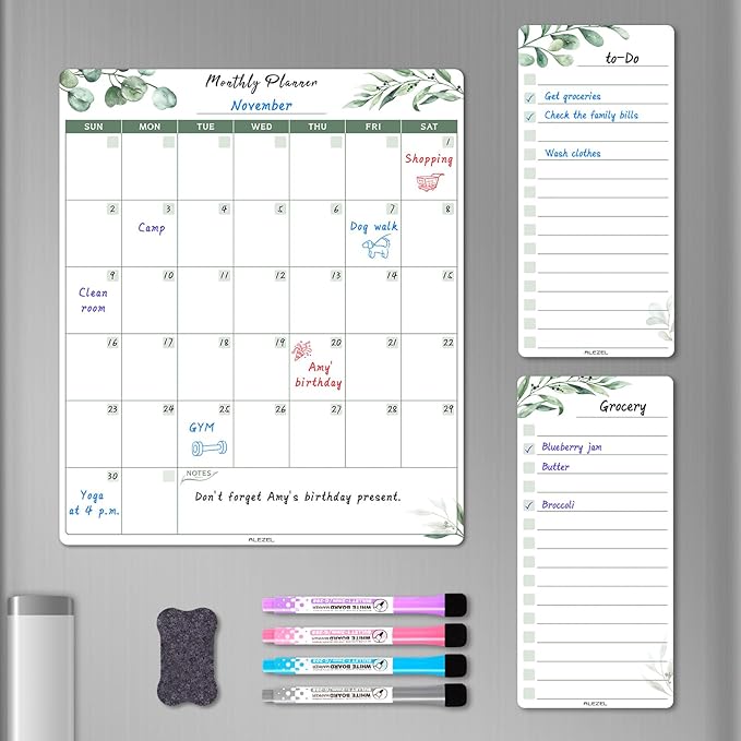 Dry Erase Calendar for Refrigerator, Greenery Magnetic Fridge Calendar Whiteboard - Set of Vertical Monthly Dry Erase Calendar for Fridge & 2 List Board, 4 Markers + Eraser