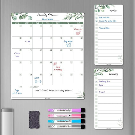 Dry Erase Calendar for Refrigerator, Greenery Magnetic Fridge Calendar Whiteboard - Set of Vertical Monthly Dry Erase Calendar for Fridge & 2 List Board, 4 Markers + Eraser