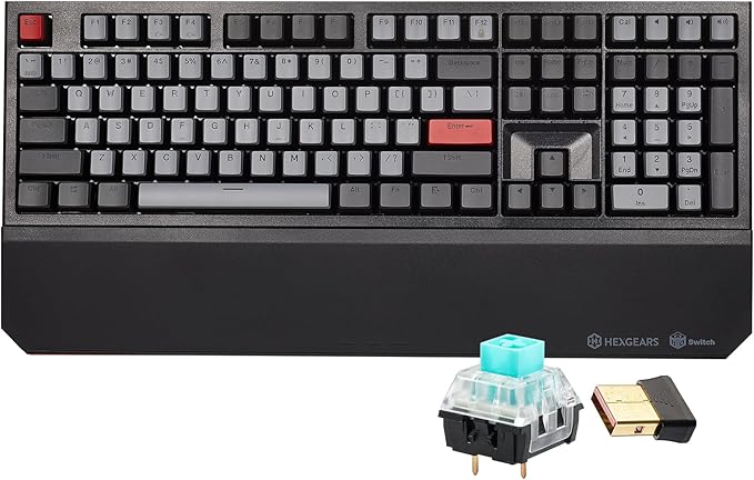 Hexgears X5 Wireless Mechanical Keyboard, Dual-Mode 2.4G/USB-C Ergonomic Full Size 108 Keys Keyboard, Kailh Box 3.0 Clicky Switch, N-Key Rollover, Backlit Gaming Keyboards with Wrist Rest (Dark)