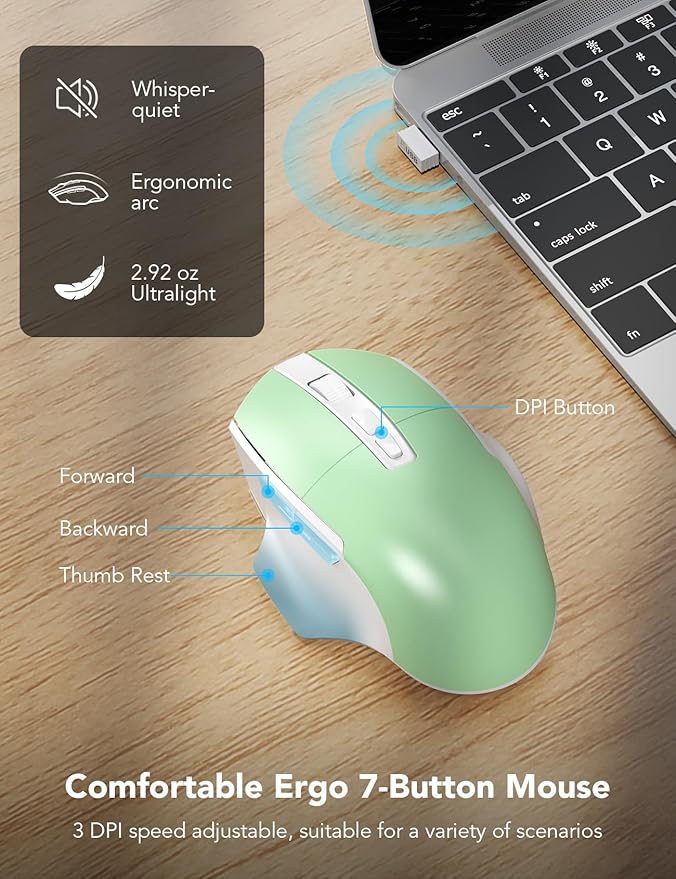 SABLUTE Wireless Keyboard and Mouse Combo, Ergonomic Wave Keys, Cushioned Plam Rest, Comfortable Silent Natural Typing, 2.4G Lag-Free, MA12 Full Size Keyboards Set for Multi-OS, Windows/Mac, Green