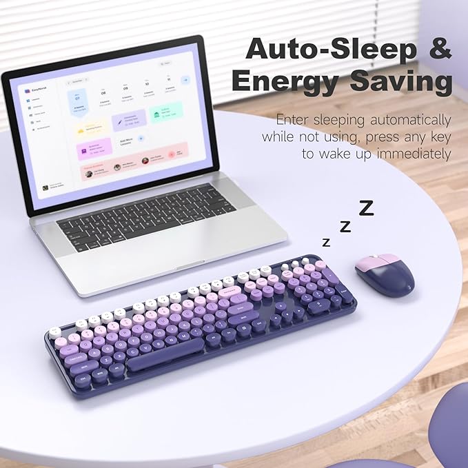 Wireless Keyboard and Mouse Combo, MOWUX Full Size Typewriter Retro Round Computer Keyboard, Cute Optical Mouse Wireless, Plug and Play, for Laptop, PC, Computer- Purple Gradient