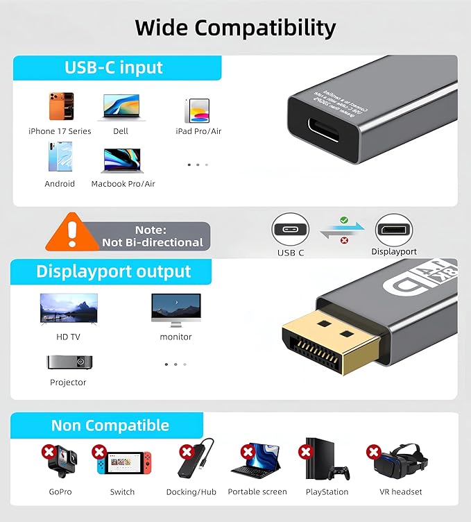 USB C to DisplayPort Adapter with USB C Video Cable, 8K@60Hz Uni-Directional USB C Female to DP Male Adapter, Thunderbolt 4/3 to DP Converter Compatible with i-/Phone 17, Galaxy, MacBok Pro- 2 Pack