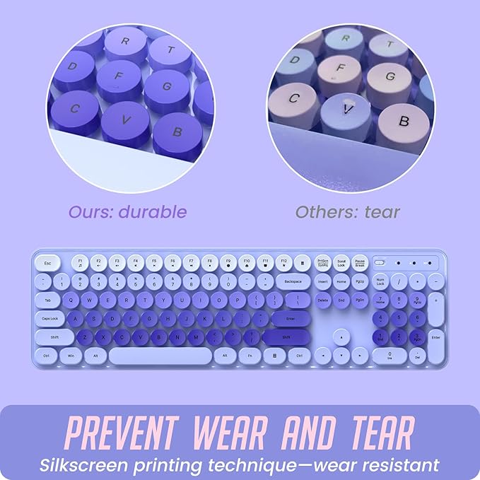 Wireless Keyboard and Mouse, Silent Keyboard Mouse Combo, Full-Sized Colorful Typewriter Keyboard with Round Keycaps, 2.4G Cute Mouse Compatible with PC/Laptop/Computer(Purple)