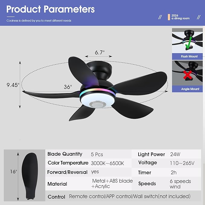 36" Ceiling Fans with RGB Lights Remote/APP Control,Low Profile Ceiling Fan,3 CCT Dimmable White Lights+RGB Ring Lights+Music Player,5 Reversible Plastic Blades 6 Speeds for Kidsroom,Black