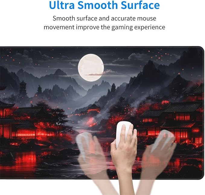 HVEST Japanese Gaming Mouse Pad, Black and Red Full Moon Large Mousepad,Laptop Computer Keyboard Mat with Non-Slip Rubber Base and Stitched Edge for Game, Office, Home 31.5'' x 15.7''