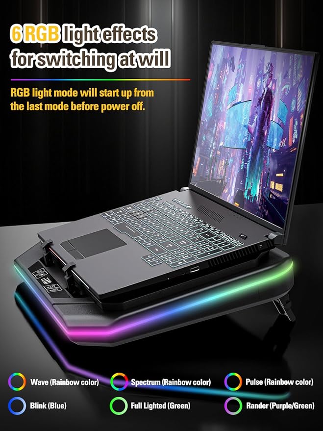 Laptop Cooling Pad, Gaming Laptop Cooler for 13-19 Inch Laptops, RGB Lights Laptop Fan Cooling Pad with 3 Height Adjustable and 3 USB Ports, 4.72 Inch Large Turbo Fan, Max 3500RPM
