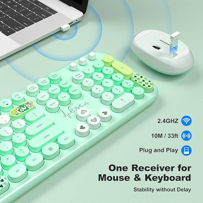 MOFII Wireless Keyboard and Mouse Combo - Pale Green Full Sized Plug and Play Colorful Computer Keyboards - 104 Keys Round Keycap USB 2.4G Cute Keyboard for Windows/Laptop/Mac/Desktop/PC