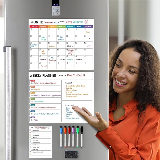 3 Pack， Magnetic Dry Erase Calendar for Refrigerator - Monthly, Weekly, Daily Magnet Fridge Whiteboard Planner for Chore Chart, Menu, to Do List, 14"X11", w/ 6 Markers, Style 3