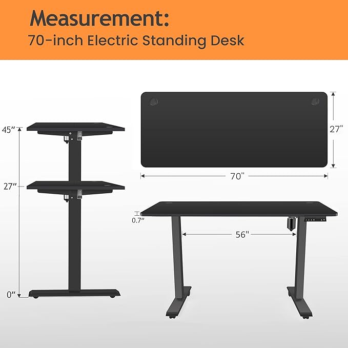 Electric Adjustable Standing Desk, 70'' x 27''Sit Stand Desk with Dual Crossbeam Structure and Oversized Mouse Pad, 27''-45'' Lifting Range Stand up Desk(Black)