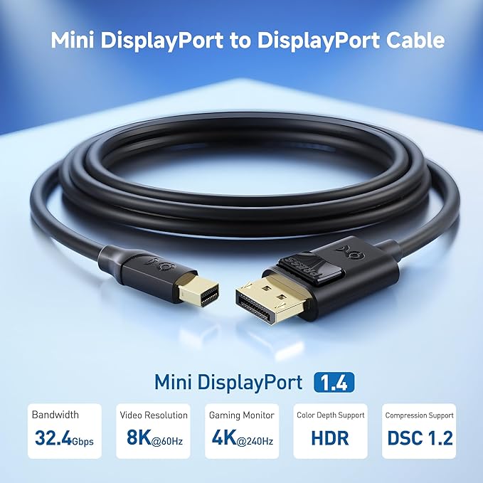 Cable Matters 32.4Gbps Mini DisplayPort to DisplayPort 1.4 Cable - 10ft, Support [8K@60Hz HDR], Mini DP to DP 1.4 Cable, Display Port to MiniDisplayPort Compatible with Thunderbolt & Thunderbolt 2
