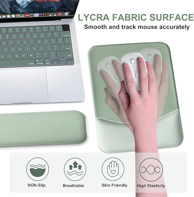 Ergonomic Mouse Pad with Wrist Rest, Gel Keyboard Wrist Rest and Memory Foam Wrist Rest for Computer Keyboard, Typing Pain Relief, Non-Slip Base Rectangular Mousepad for Gaming, Office, Home, Green