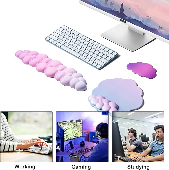 OUEST Cloud Wrist Rest Keyboard and Mouse Pad with Cute Ergonomic Memory Foam Non-Slip PU Base for Computer Mac Laptop Office Gaming-Blue/Pink/Purple