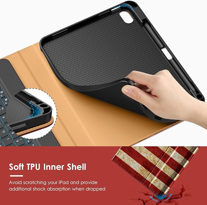 VIKESI Keyboard Case for iPad (A16,2025) 11th Generation/iPad 10th Generation Case (10.9" 2022),Premium Leather Smart Cover,Built-in Breathing Light,Function Row,Pencil Holder,Card Slots - US Flag