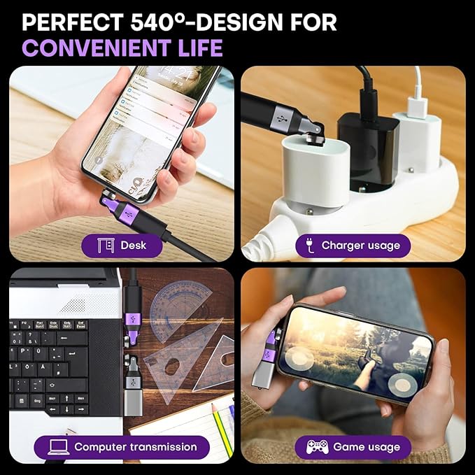 USB Adapter Type C to A 2 Pack 180° & 360° Rotation USB2.0 480Mbps Phone OTG Port Fast Charge Extender with LED Indicator (Black)
