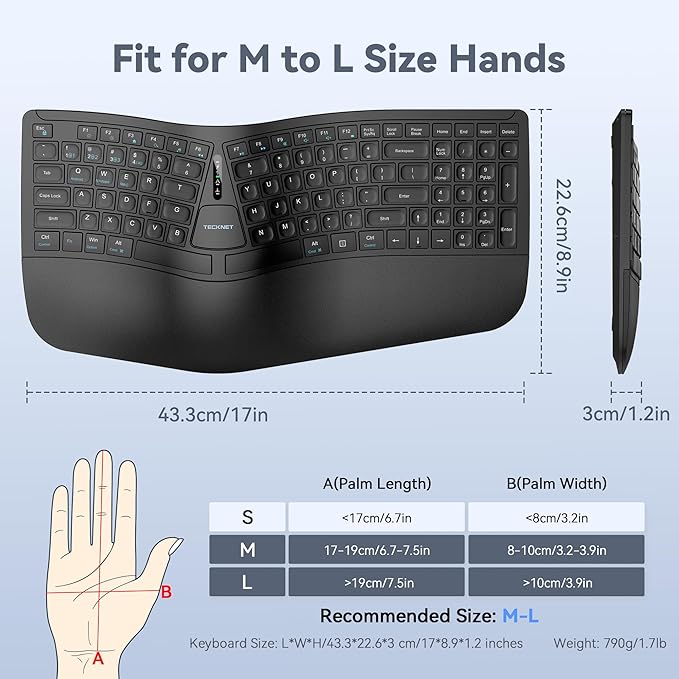TECKNET Wireless Ergonomic Keyboard Rechargeable, 2.4G+Bluetooth Ergo Cordless USB Computer Keyboard, Wrist Rest, Natural Typing, Stain-Resistant Fabric, Compatible For Windows Computer Desktop Laptop