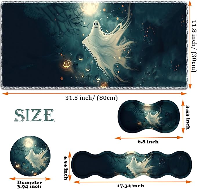 Large Gaming Mouse Pad + Keyboard Wrist Rest + Wrist Support + Coaster Set, Memory Foam Ergonomic for Easy Typing, XXL Extended Gaming Mouse Pad Table Pad - Halloween Ghost