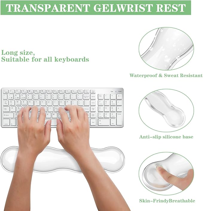 Wrist Rest for Keyboard- Ergonomic Gel Keyboard Wrist Rest and Mouse Pad Set, Non-Slip PU Base for Office, Laptop & Gaming - Clear White