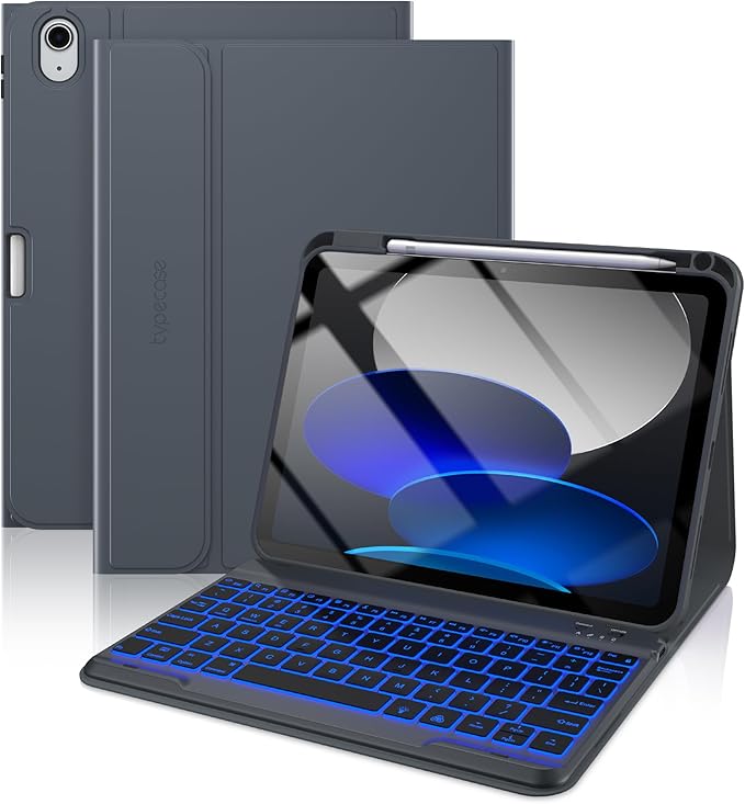 typecase Folio Keyboard Case for iPad 10th Gen 10.9 inch (2022) and iPad 11th (A16, 2025), Magnetic Wireless Detachable Keyboard, 7-Color Backlight, Thin & Light, Pencil Holder – Charcoal Gray