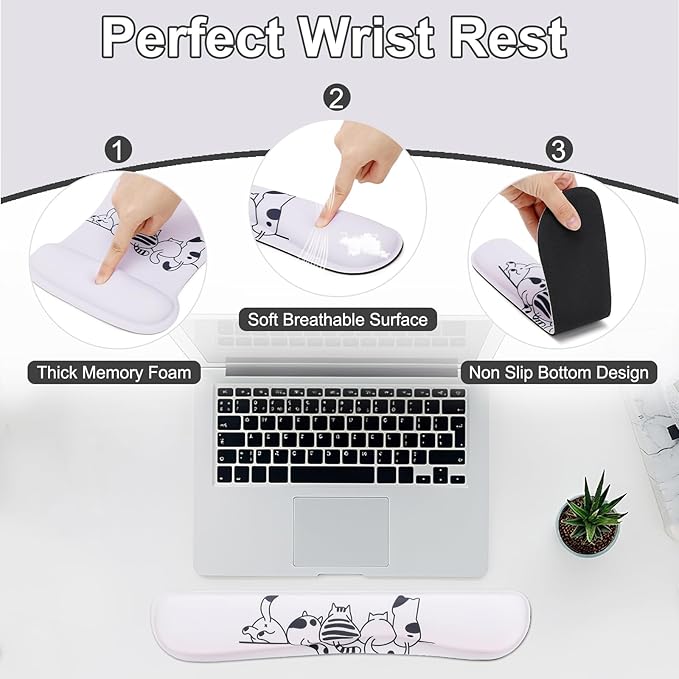 MEGREZ 4-in-1 Ergonomic Memory Foam Wrist Rest Set, Desk Pad, Mouse Pad with Wrist Rest, Keyboard Pad, Suitable for Office Workers, Programmers & Gamers–Relieve Typing & Gaming Fatigue, Beige