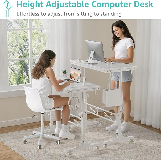 Small Portable Treadmill Walking Pad Desk on Wheels, 32 Inch White Adjustable Height Mobile Rolling Standing Teacher Desks, Couch Sofa Side Laptop Stand Up Table for Bedroom, White