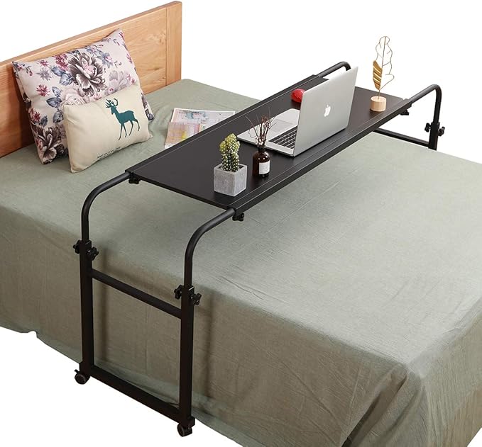 TigerDad Overbed Table with Wheels, 350lbs Capacity Heavy Duty Rolling Bed Desk for King Queen Bed, 55"-83" Adjustable Length & Height, Mobile Cross Bed Laptop Stand for 17 inch Computer, Black
