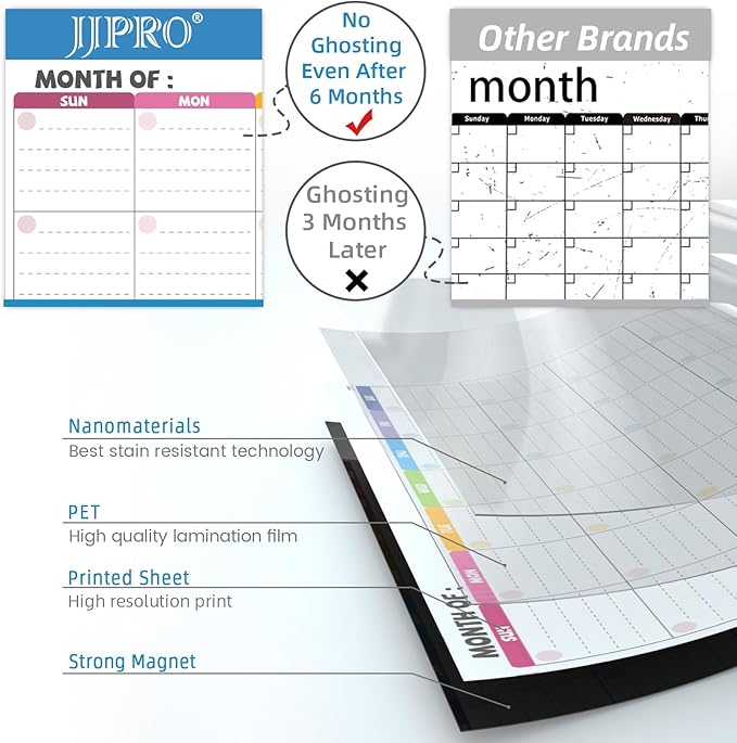 JJPRO Magnetic Dry Erase Monthly Calendar Set for Fridge-Reusable Monthly Calendar,Weekly Planner&Lists for Refrigerator-Starts Sunday-Magnetic Multicolor Monthly Planner Bundle-16.5x11"