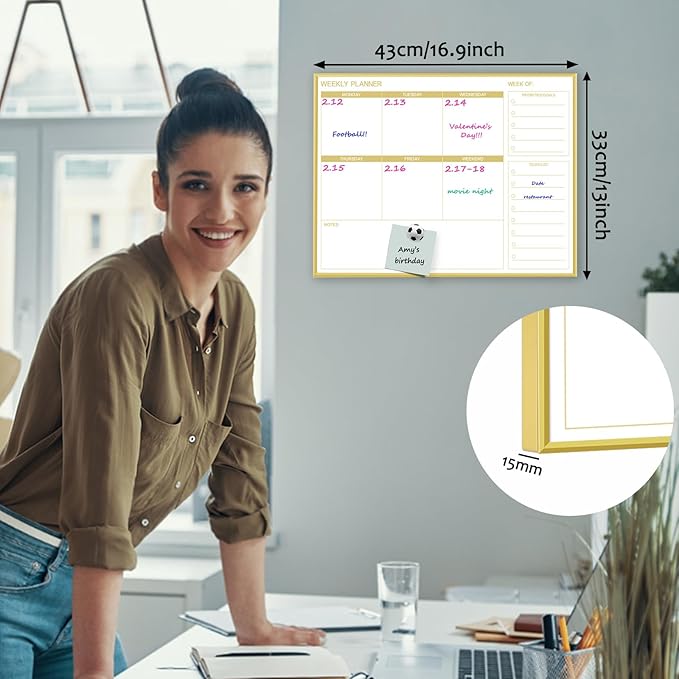 Dry Erase White Board Weekly Calendar Board, Magnetic Whiteboard for Wall, Gold Aluminum Frame Message Board, Horizontal, 17“x13“, Planner Board for Office, Home, Schooll(Weekly-BB-Gold-3343-L)