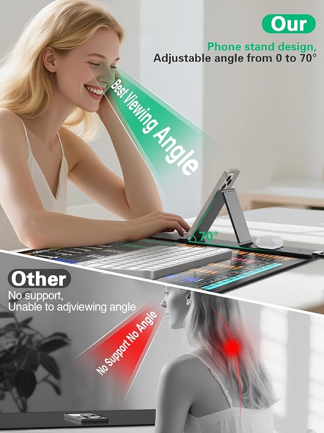 Mouse Pad with Foldable Phone Holder, Wireless Charging Desk Mat with Excel Shortcut Keys, 31.5"x15.8" Large Mousepad with Superior Micro-Weave Cloth, XXL Desk Pad Non-Slip, Waterproof