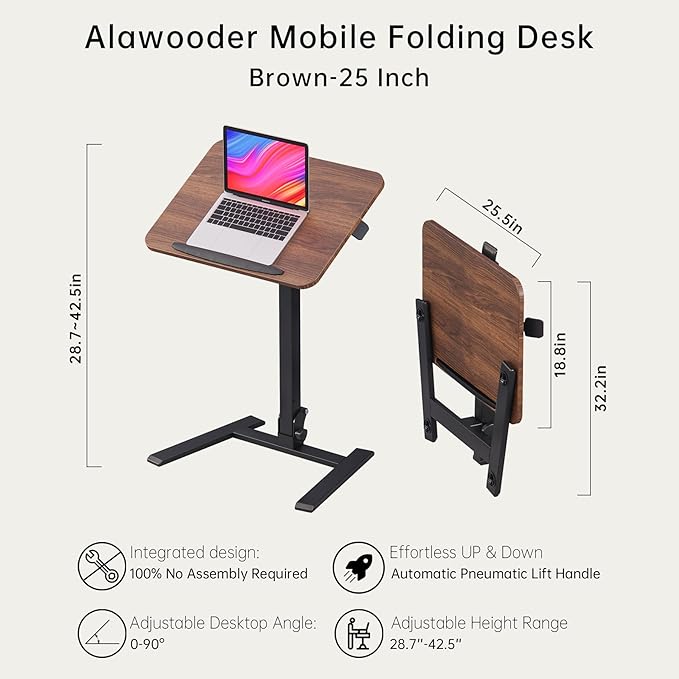 25 Inch Mobile Folding Desk - No Assembly, Pneumatic Sit-Stand, 29-42" Height Adjustable Rolling Laptop Desk with Hidden Wheels, 0-90° Tilt Top for Home Office, Craft & Study