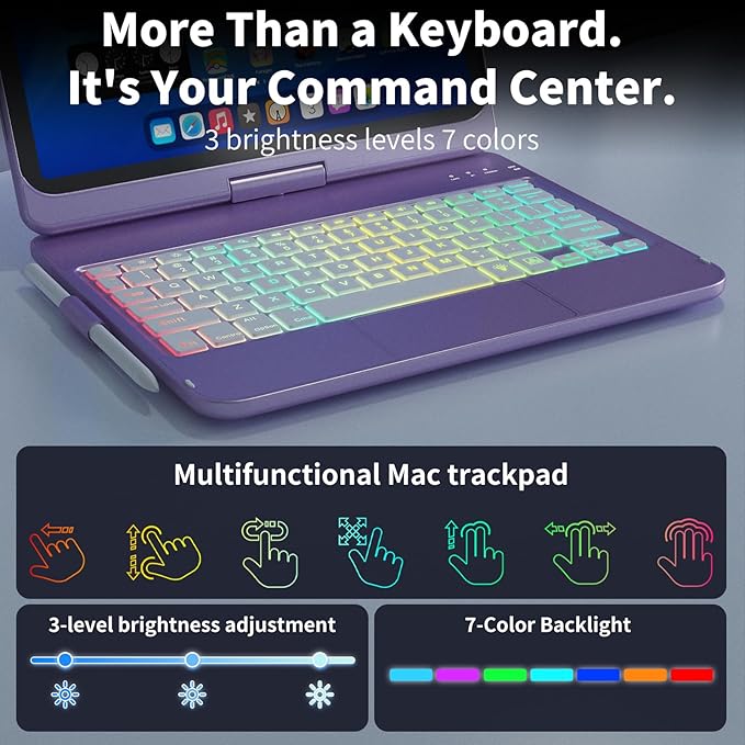 HOTLIFE for iPad A16 11th Generation/10th Generation Case with Keyboard,Touch Keyboard for iPad 11" /10th Gen 10.9 inch 2022-10 Color Backlight, 360° Rotatable Protective Cover (Light Purple)