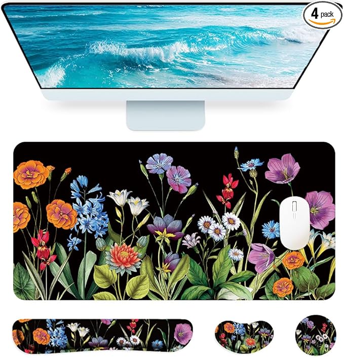 4 in 1 Large Keyboard Mouse Pad Set, Ergonomic Keyboard Wrist Rest Pad, Wrist Support Mousepad Set, Cup Coaster, Extended Desk Mat for Home Game Women Office Desk Decor Accessories(Floral)
