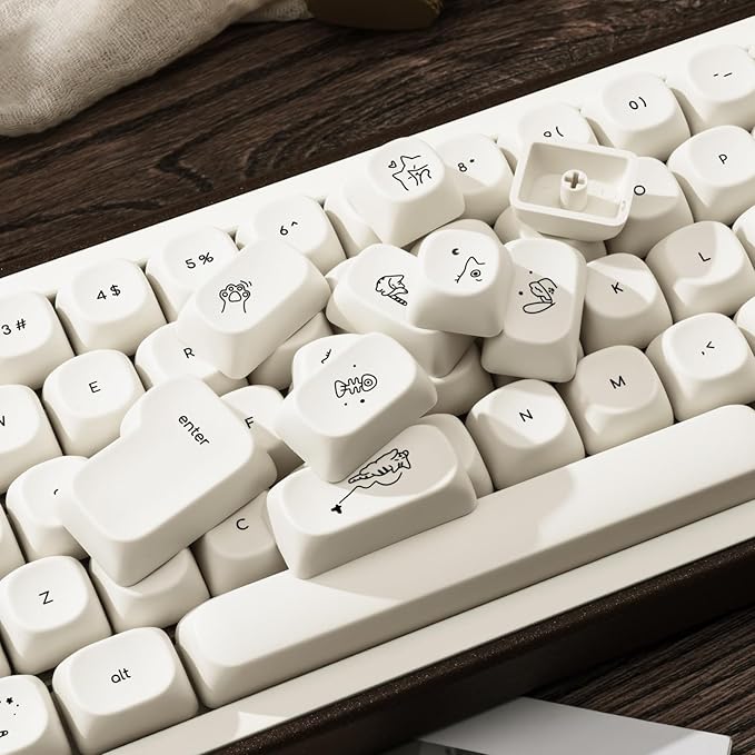 PBT Keycaps Set 124 Keys, Minimalist Style Custom White Cat Keyboard Dye-Sublimation MOA Profile Keycaps 60 65 75 100 Percent