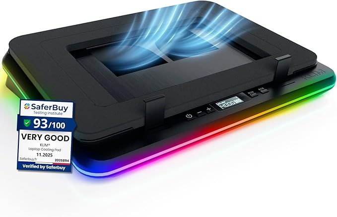 KLIM Turbofrost Gaming Laptop Cooling Pad - 4 Powerful Turbo Fans - 4 x 4000 RPM, Dynamic RGB, 4-Ports USB, Laptop Cooler 2 Power Modes USB-C/DC, Sealed Foam for Fast Cooling - Up to 17in - Black