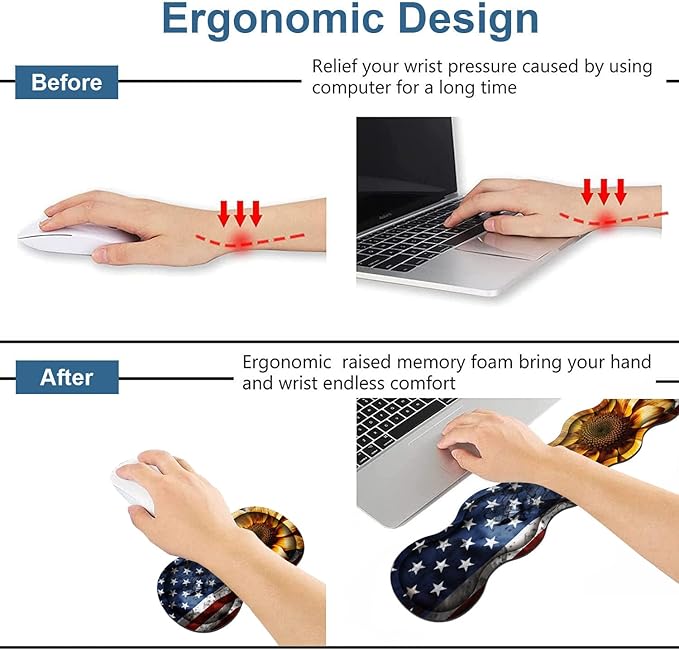 Ergonomic Keyboard Wrist Rest & Mouse Pad Wrist Rest Set, Large XXL Gaming Desk Mat 31.5"x 11.8" with Memory Foam, Easy Typing Pain Relief for Office & Home, American Flag Sunflower