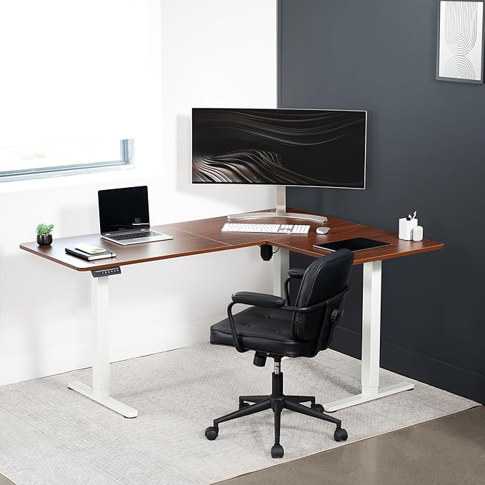VIVO Corner Standing Desk, 63 x 47 inch Reversible L-Shaped Workstation, Electric Height Adjustment, Home, Office, and Reception Rooms, Dark Walnut Table Top White Frame, DESK-E3CTWD-47
