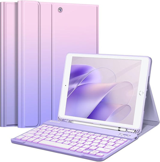 FINTIE Backlit Keyboard Case for iPad 9th / 8th / 7th Generation (2021/2020/2019) 10.2 Inch, Soft TPU Back Cover with 7 Colors Backlight Magnetically Detachable Bluetooth Keyboard, Fantasy Ombre