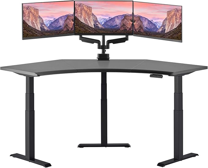 Vari Command Center Electric Standing Desk – 120° Curved Sit-Stand Gaming Desk Corner Workstation for Triple Monitors + Sloped Front Edge, 4 Height Settings, 200 lb Capacity (Black Top/Black Legs)