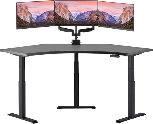 Vari Command Center Electric Standing Desk – 120° Curved Sit-Stand Gaming Desk Corner Workstation for Triple Monitors + Sloped Front Edge, 4 Height Settings, 200 lb Capacity (Black Top/Black Legs)
