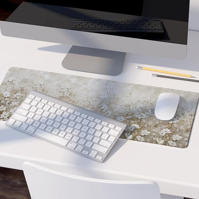 Beige Spring Floral Mouse Pad,Summer Wildflower Aesthetic Mouse Pads,Cottagecore Flower Desk Mat,Cream Floral Botanical Mousepad for Home Office Dorm Desktop Decor,31.5x11.8 Inch