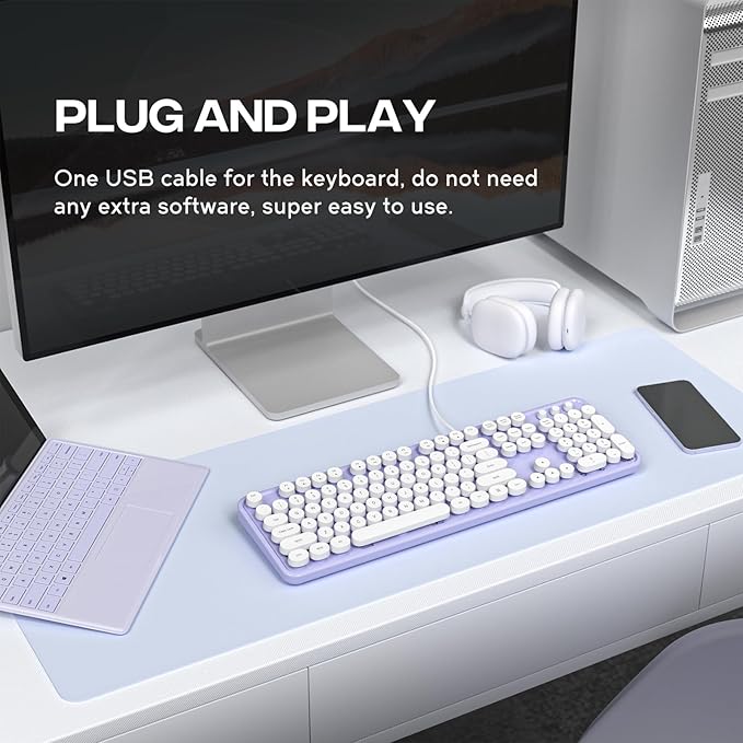 Wired Keyboard, Full-Sized Typewriter Keyboards, USB Plug and Play Office Keyboard with Number Pad, Caps Indicators, Foldable Stands for Windows, PC, Laptop, Desktop (Purple-White)