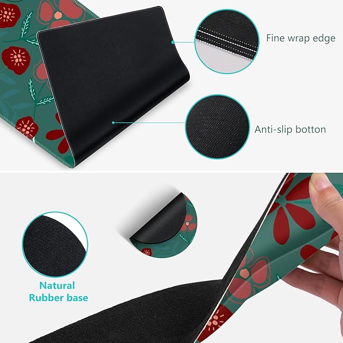Large Mouse Pad with Wrist Support 4 in1 Set, XXL Big Game Mousepad + Keyboard Wrist Rest+Mouse Wrist Rest+Coaster Ergonomic Design Gaming Mat for Home Office Table Computer I Green Flowers