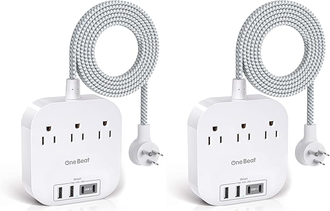 One Beat Power Strip with USB C, 3 Outlets 4 USB Ports (22.5W/4.5A) Desktop Charging Station, Flat Plug, 5ft Braided Extension Cord, Non Surge Protector for Travel, Cruise Ship, ETL Listed (Pack of 2)