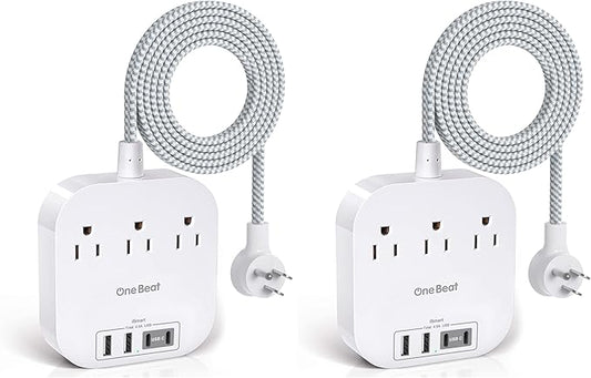 One Beat Power Strip with USB C, 3 Outlets 4 USB Ports (22.5W/4.5A) Desktop Charging Station, Flat Plug, 5ft Braided Extension Cord, Non Surge Protector for Travel, Cruise Ship, ETL Listed (Pack of 2)