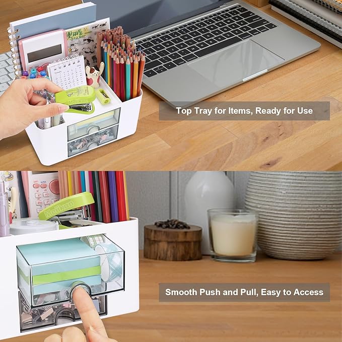 Plastic Pen Organizer, Multifunctional Desk Organizer with 2 Drawers, 4 Compartments & a Top Tray, Pencil Holder Desktop Organizers and Accessories for Office, 7.7" x 5.5" x 3.9" (White)