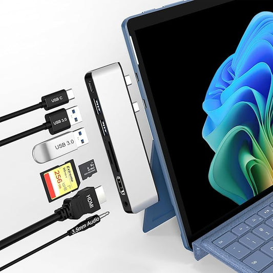 Surface Pro 11/10/9 Docking Station Adapter - 7-in-1 Surface Pro 11 Hub Accessories for Dual Monitor, with 4K HDMI, USB C Thunderbolt 4 (8K/40Gbps/100W PD), 2 USB 3.0, SD/TF Card Reader & 3.5mm Jack