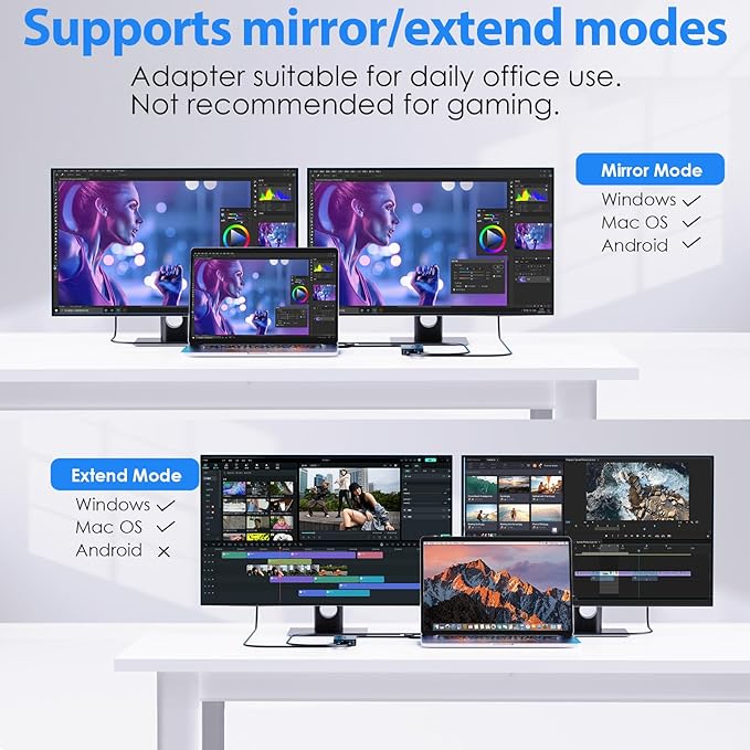 WAVLINK USB 3.0 & USB C to Dual HDMI Adapter 4K@60Hz for 2 Monitors, DisplayLink USB C HDMI Adapter for Dual Monitor, for Mac M1/M2/M3, Windows, ChromeOS, Ubuntu, Android