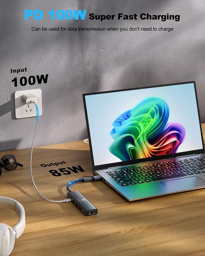 USB C Hub, 5-in-1 USB C/A Docking Station, RJ45 10/100/1000 Gbps Ethernet Adapter, Driver Free, 3 USB A 3.0, PD100W Charging for MacBook, iPad Pro, Surface Laptop, Chromebook, etc